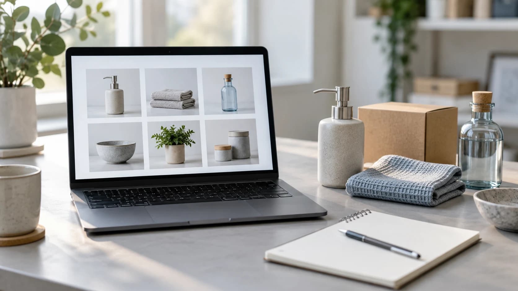 Arbeitsplatz mit Laptop und neutralen Produkten als Symbol für Onlinevertrieb und Produktdaten