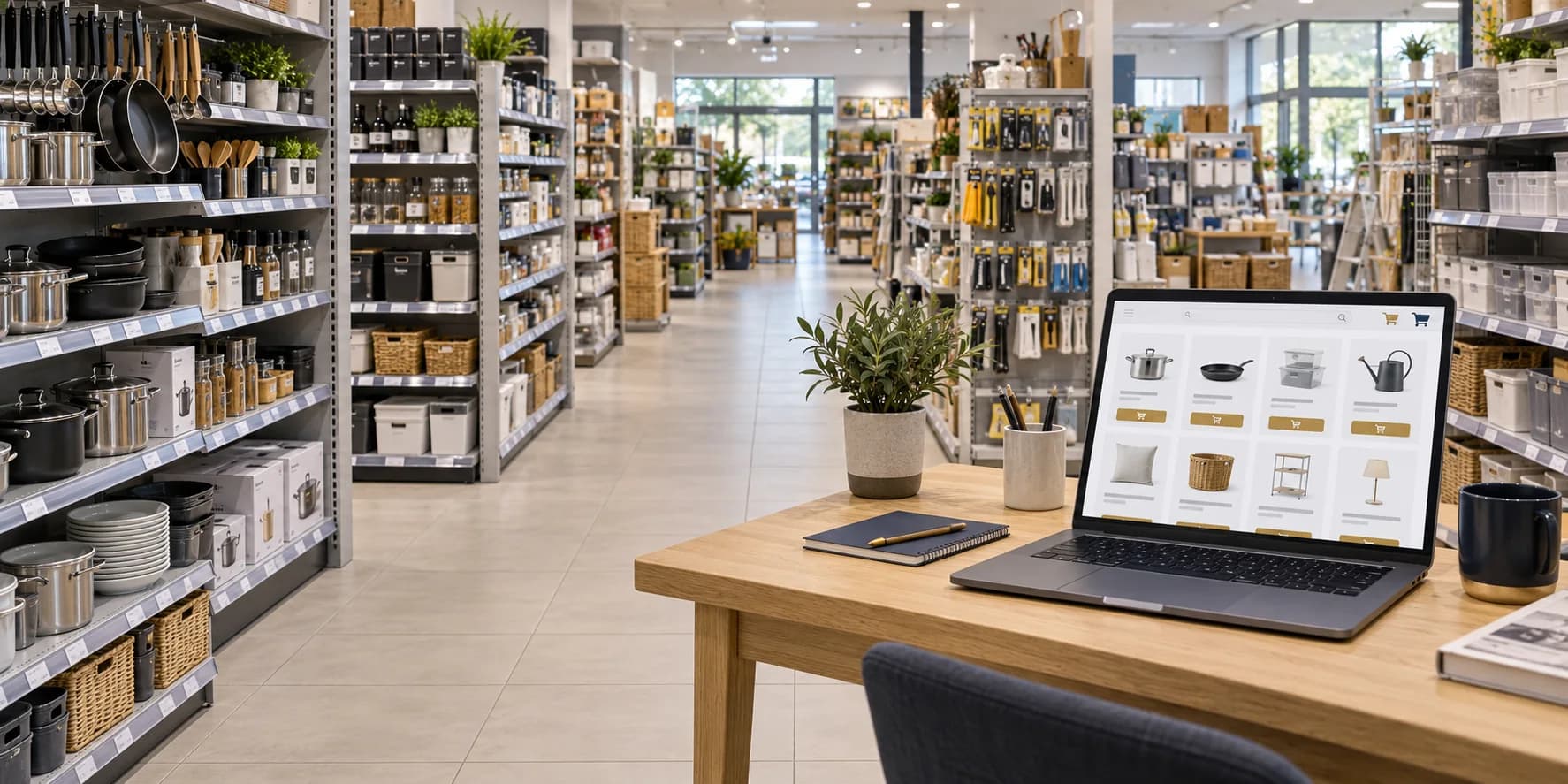 Ladenverkaufsfläche mit gefüllten Warenregalen und einem separaten Tisch mit Laptop und Online-Shop als Symbol für Handel und Online-Vertrieb